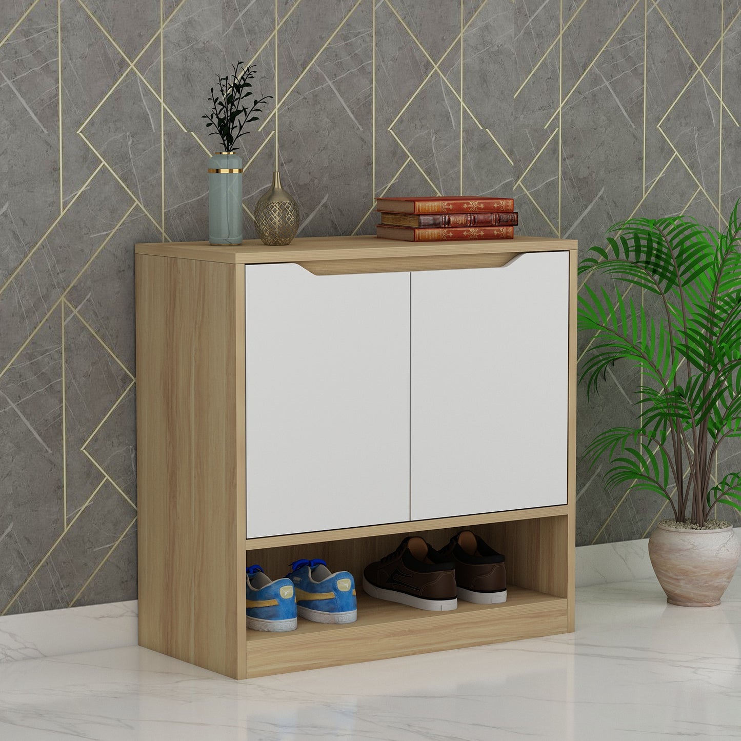 Modern Shoe Storage Cabinet - 2-Door Multi-Level Organizer with Open Bottom Shelf in Natural Oak & White Finish for Entryway Organization VT-10090