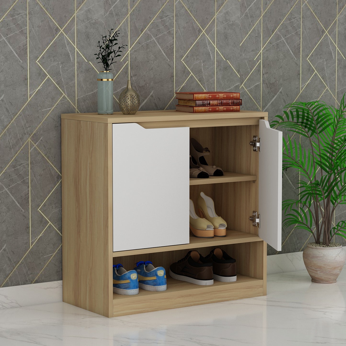 Modern Shoe Storage Cabinet - 2-Door Multi-Level Organizer with Open Bottom Shelf in Natural Oak & White Finish for Entryway Organization VT-10090