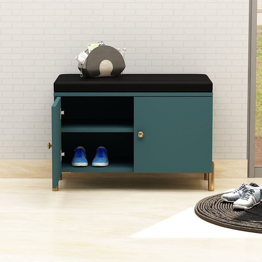 Modern Shoe Rack Bench with Cushioned Seating – VT-10094 (Teal & Black Finish)
