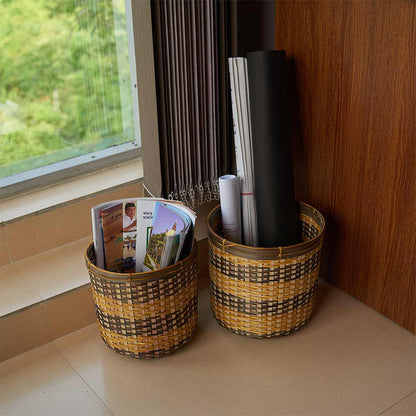 Storage Basket (KBSB6), Kraftinn Bamboo Paper Bin -Set of 2, Storage Basket with Yellow & Brown Color, Storage Basket  - VT11036