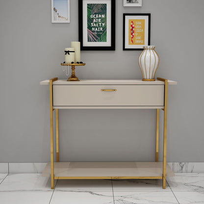 Console Table, Beige Color Console Table, Console Table with Unique Design, Console Table with Drawer, Console Table with MS Leg in Gold Finish, Console Table - VT12135