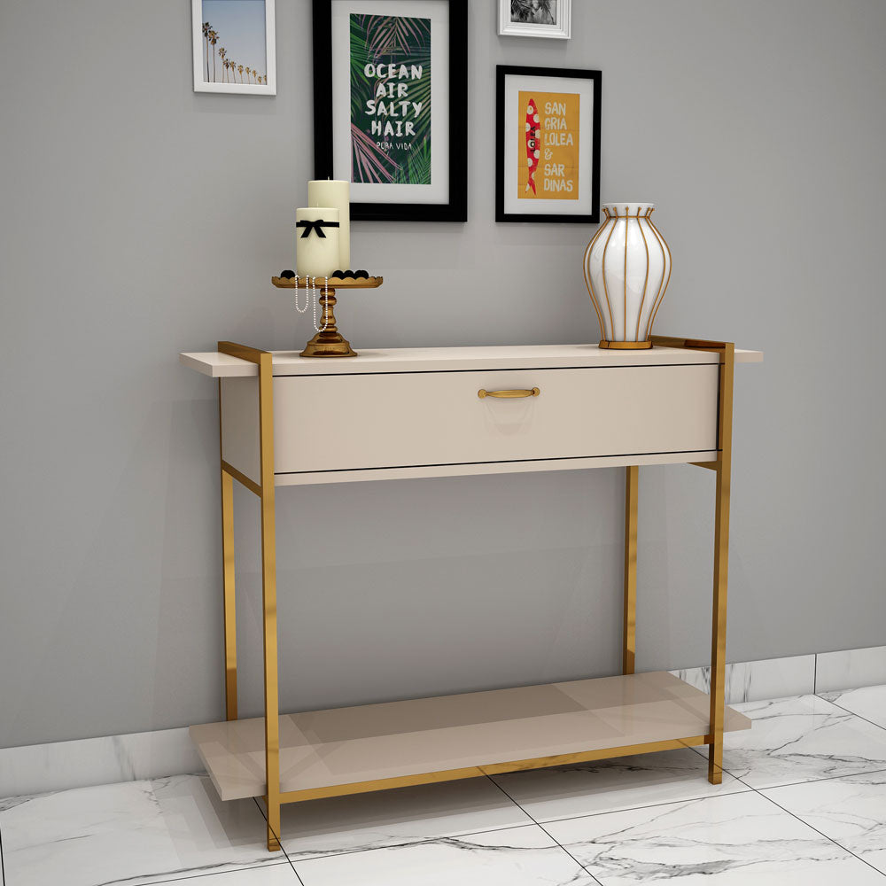 Console Table, Beige Color Console Table, Console Table with Unique Design, Console Table with Drawer, Console Table with MS Leg in Gold Finish, Console Table - VT12135