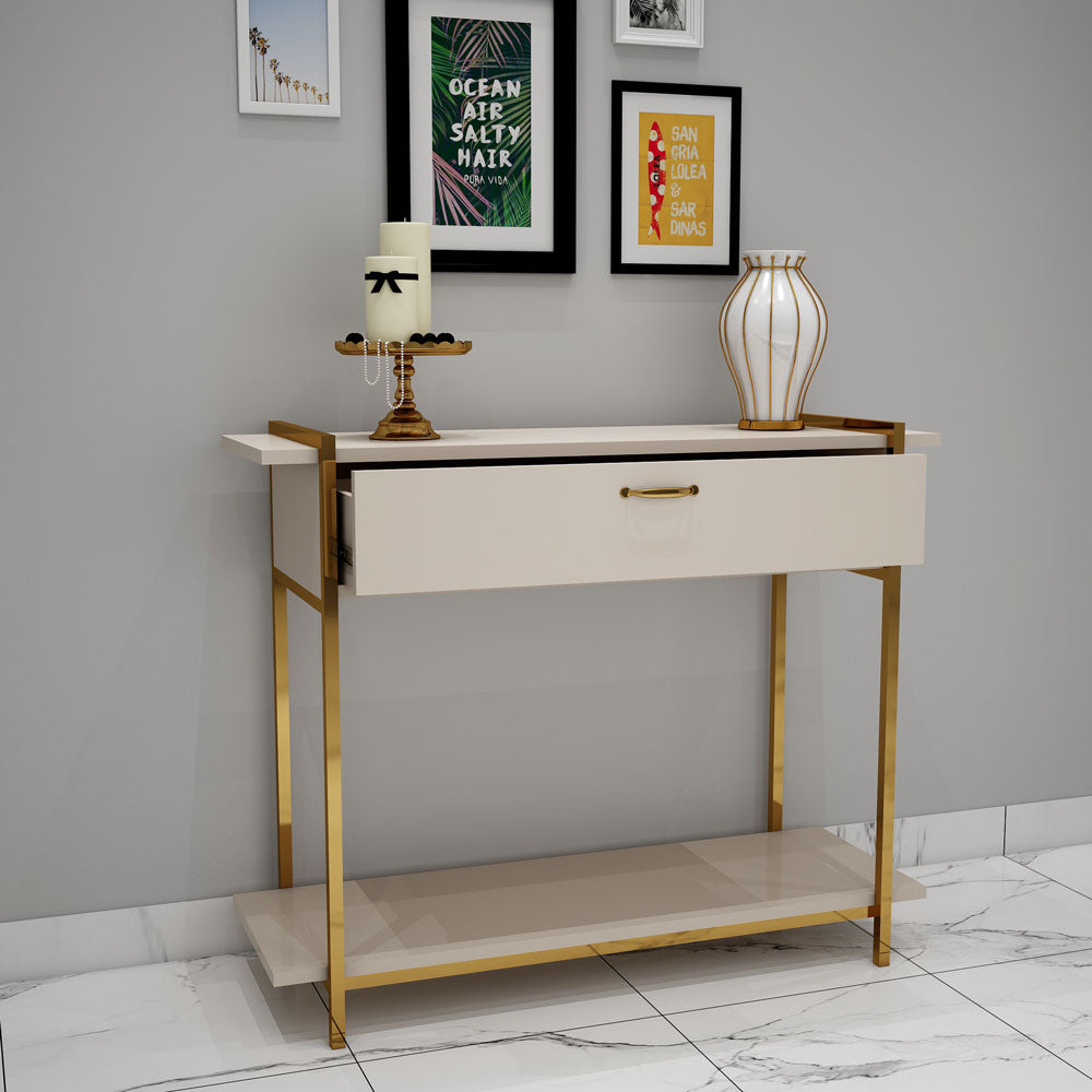 Console Table, Beige Color Console Table, Console Table with Unique Design, Console Table with Drawer, Console Table with MS Leg in Gold Finish, Console Table - VT12135