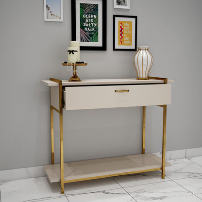 Console Table, Beige Color Console Table, Console Table with Unique Design, Console Table with Drawer, Console Table with MS Leg in Gold Finish, Console Table - VT12135