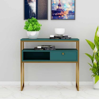 Console Table, Green Color Console Table, Console Table with Unique Design, Console Table with Drawer & Open Space, Console Table With MS Leg in Gold Finish, Console Table - VT12136