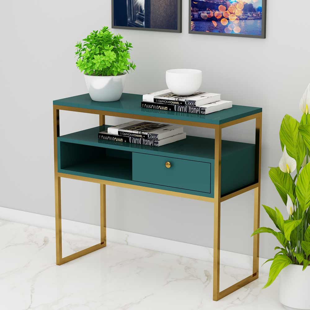 Console Table, Green Color Console Table, Console Table with Unique Design, Console Table with Drawer & Open Space, Console Table With MS Leg in Gold Finish, Console Table - VT12136