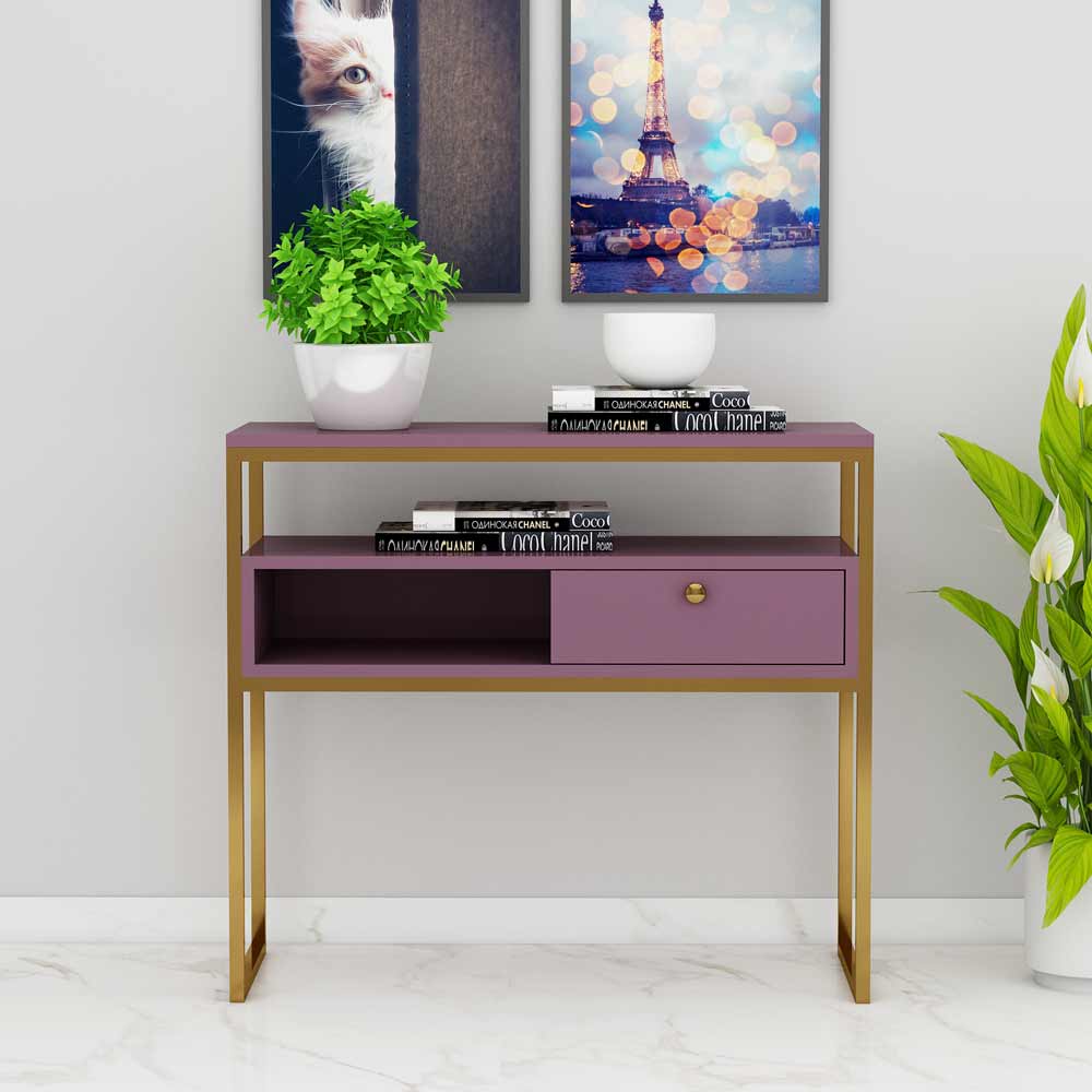 Console Table, Purple Color Console Table, Console Table with Unique Design, Console Table with Drawer & Open Space, Console Table With MS Leg in Gold Finish, Console Table - VT12137