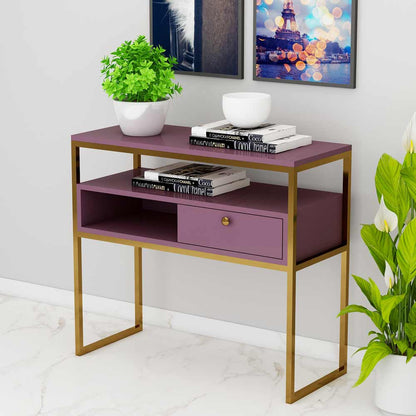 Console Table, Purple Color Console Table, Console Table with Unique Design, Console Table with Drawer & Open Space, Console Table With MS Leg in Gold Finish, Console Table - VT12137