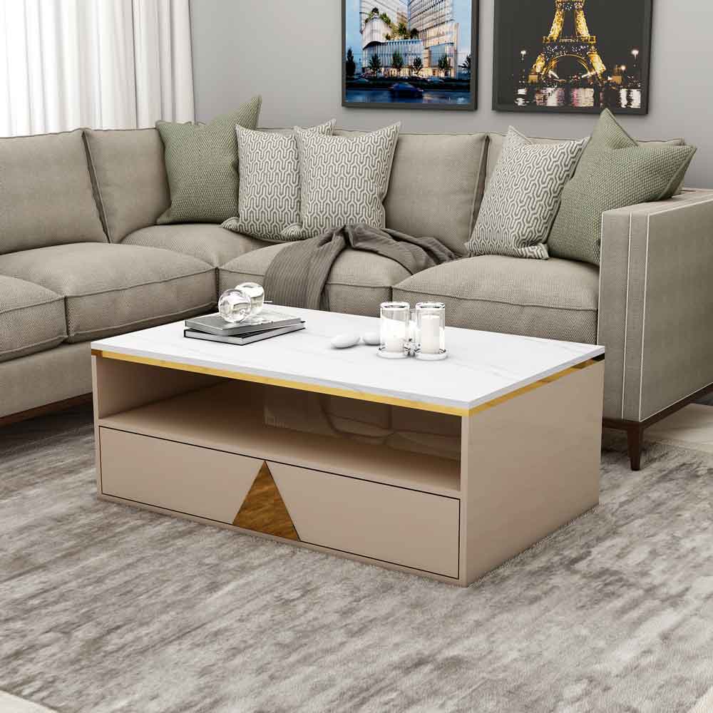 Coffee Table, Coffee Table in Beige & White Color, Coffee Table with Drawer & Open Space, Coffee Table - VT12138