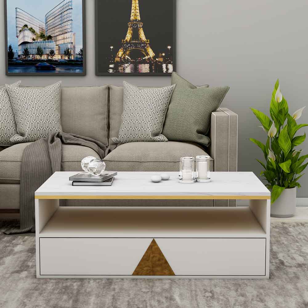 Coffee Table, Coffee Table in White Color, Coffee Table with Drawer & Open Space, Coffee Table - VT12139