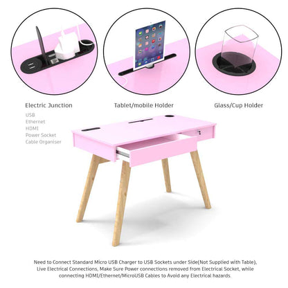 IN2023, Invenzo Diplomate Study, Laptop, Desktop & Workstation Table Desk for Home, Office and Study Room with 2 USB Port, LAN, HDMI & Power Socket in Pink Colour, Study Table - VT12143