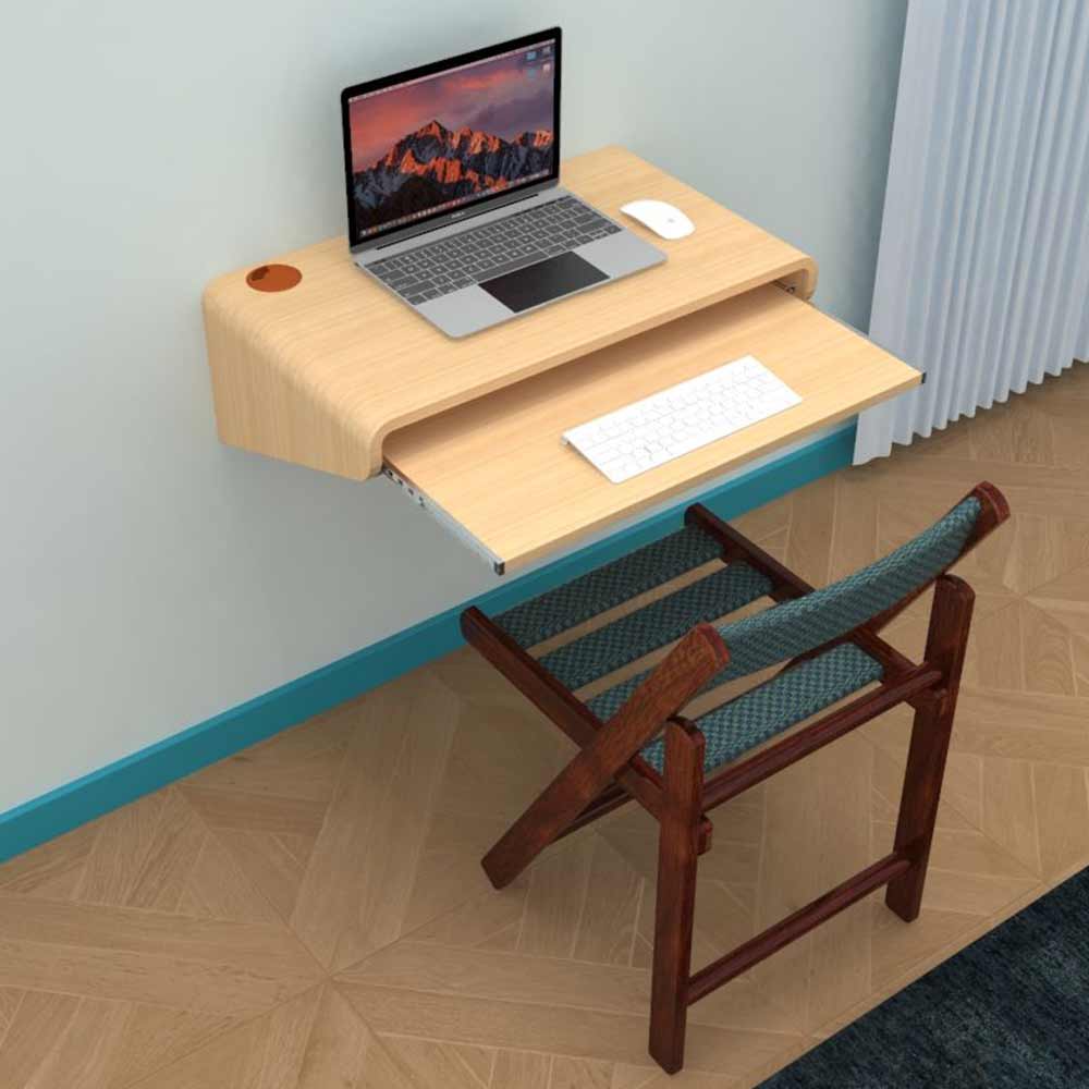 IN2031, Invenzo Curve Wall Mounted Laptop, Study, Workstation Table Desk with Keyboard Tray & Cable Organizer (Textured Light Maple), Study Table - VT12151