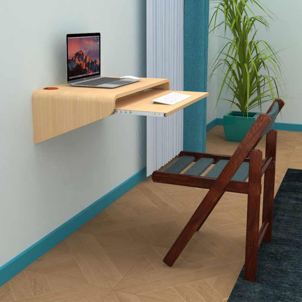 IN2031, Invenzo Curve Wall Mounted Laptop, Study, Workstation Table Desk with Keyboard Tray & Cable Organizer (Textured Light Maple), Study Table - VT12151