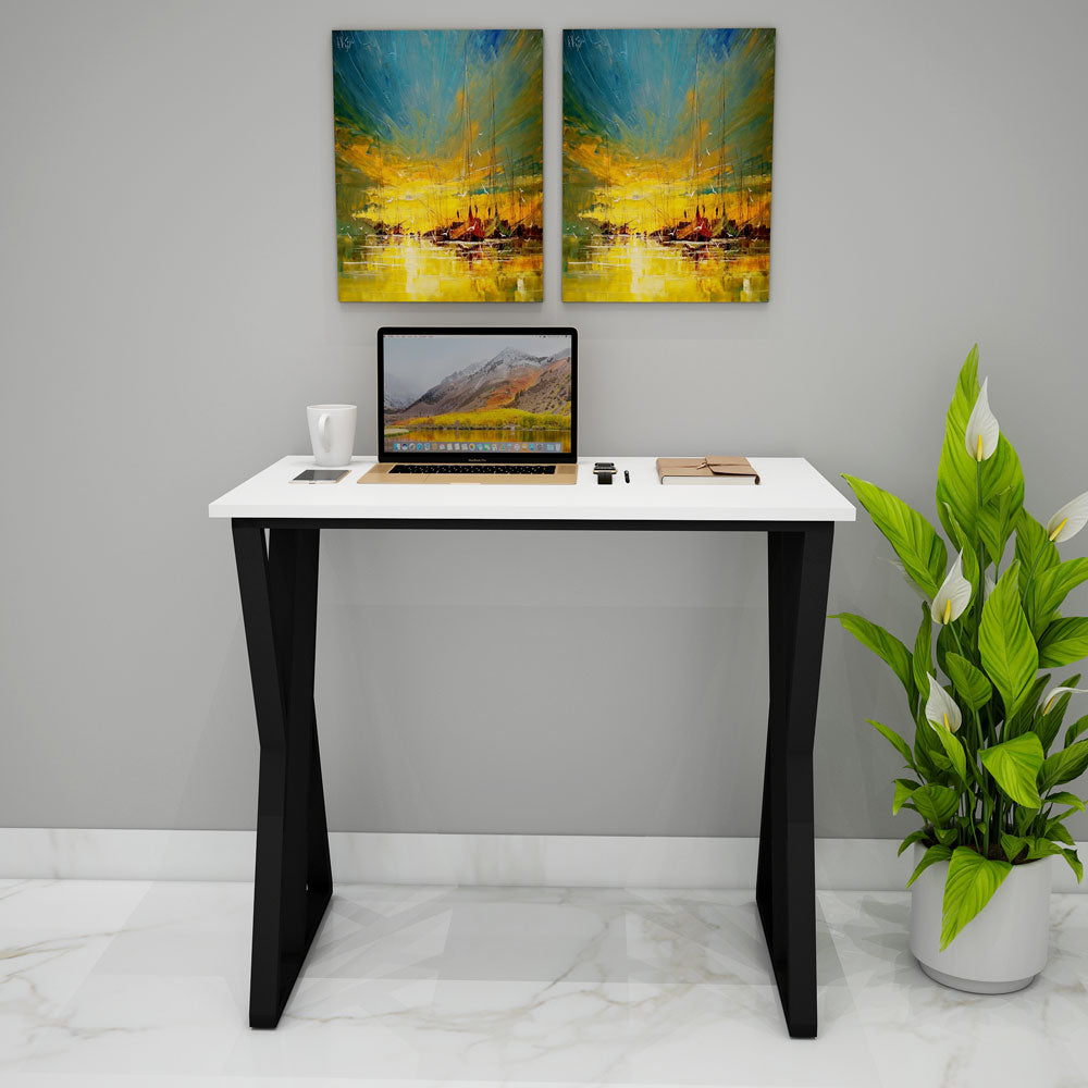 Triangular Table Study White Study Table, White Color Study Table, MS Leg in Black Finish, Study Ta ...