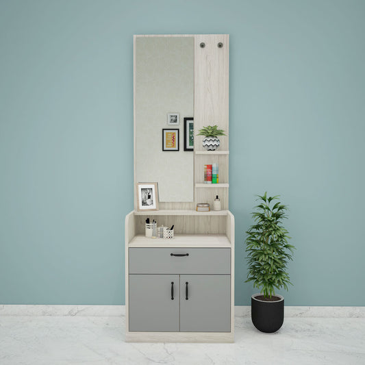 Dressing Table, Dressing Table with Off-White Wood & Grey Color, Dressing Table with open shelf, Dresser Table with Drawer & Shutter, Dressing Table - VT12168