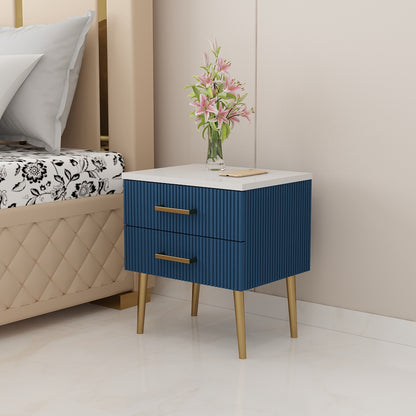 Bedside Table, White Corian Top in Side Table, Blue Color Bedside Table, Side Table with Drawer, Side Table with MS Leg in Golden Finish, Bedside Table - VT12202