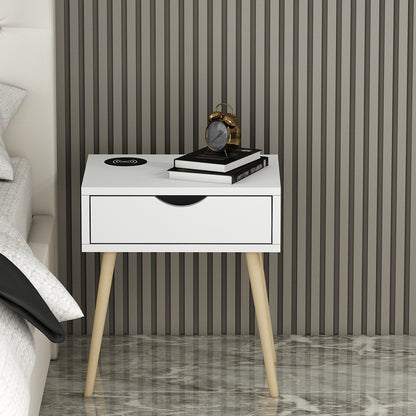 Bedside Table, Bedside Table with Wireless charger of Samsung, I Phone & Compatible Devices, Bedside Table in White & Wooden Color, Side Table with Drawer, Bedside Table - VT12225