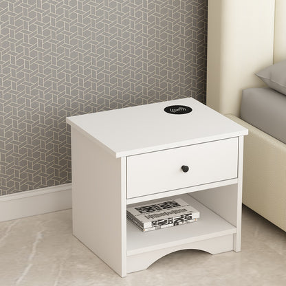 Bedside Table, Bedside Table with Wireless charger of Samsung, I Phone & Compatible Devices, Bedside Table in White  Color, Side Table with Drawer, Bedside Table - VT12226