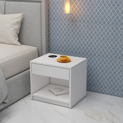 Bedside Table, Bedside Table with Wireless charger of Samsung, I Phone & Compatible Devices, Bedside Table in White  Color, Side Table with Drawer, Bedside Table -  VT12227