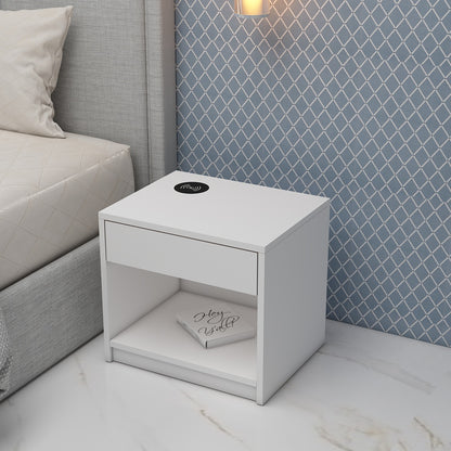 Bedside Table, Bedside Table with Wireless charger of Samsung, I Phone & Compatible Devices, Bedside Table in White  Color, Side Table with Drawer, Bedside Table -  VT12227