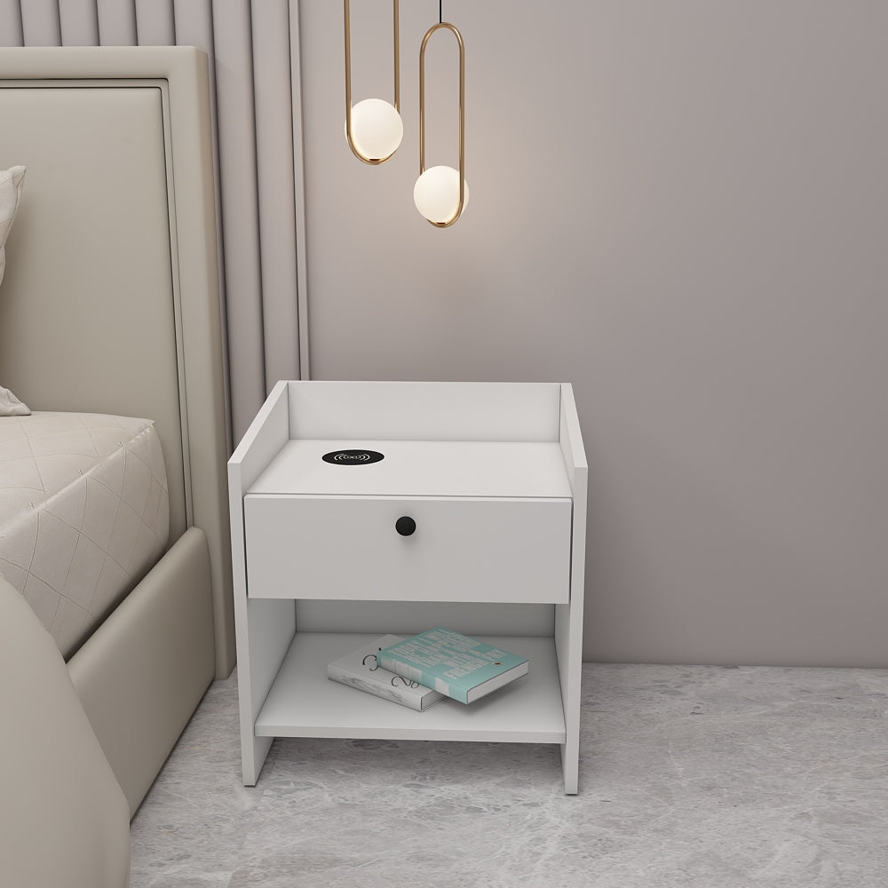 Bedside Table, Bedside Table with Wireless charger of Samsung, I Phone & Compatible Devices, Bedside Table in White  Color, Side Table with Drawer, Bedside Table -  VT12228