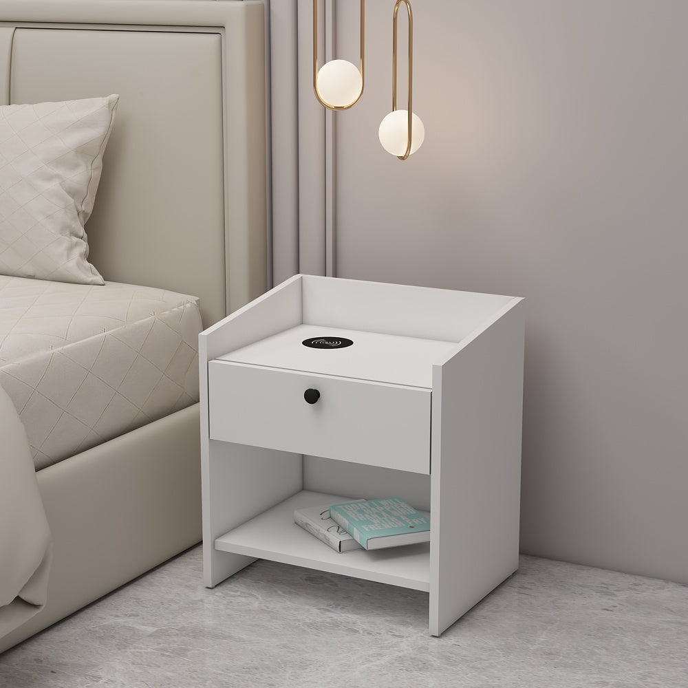 Bedside Table, Bedside Table with Wireless charger of Samsung, I Phone & Compatible Devices, Bedside Table in White  Color, Side Table with Drawer, Bedside Table -  VT12228