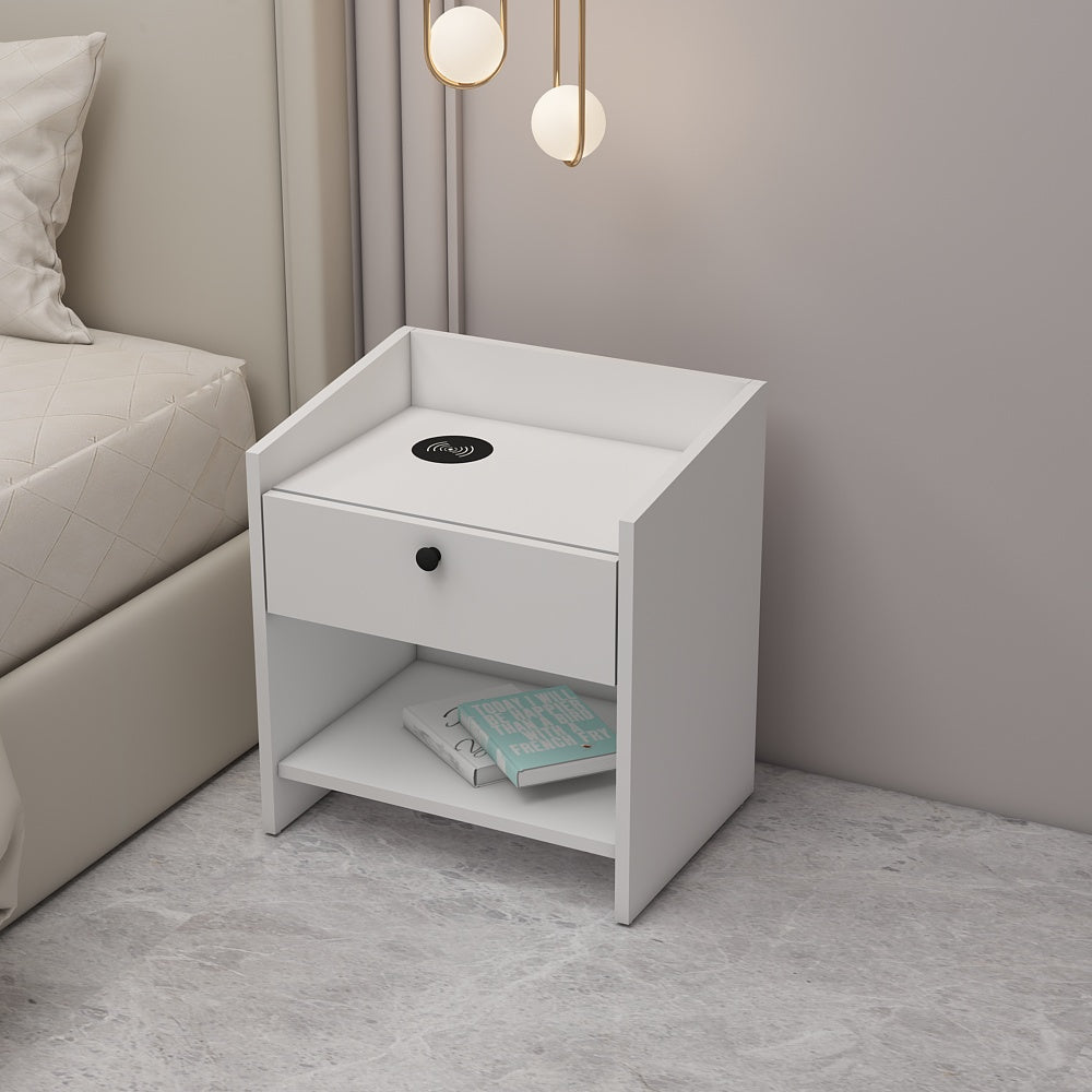 Bedside Table, Bedside Table with Wireless charger of Samsung, I Phone & Compatible Devices, Bedside Table in White  Color, Side Table with Drawer, Bedside Table -  VT12228