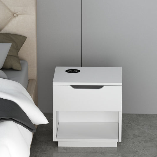 Bedside Table, Bedside Table with Wireless charger of Samsung, I Phone & Compatible Devices, Bedside Table in White Color, Side Table with Drawer, Bedside Table -  VT12230