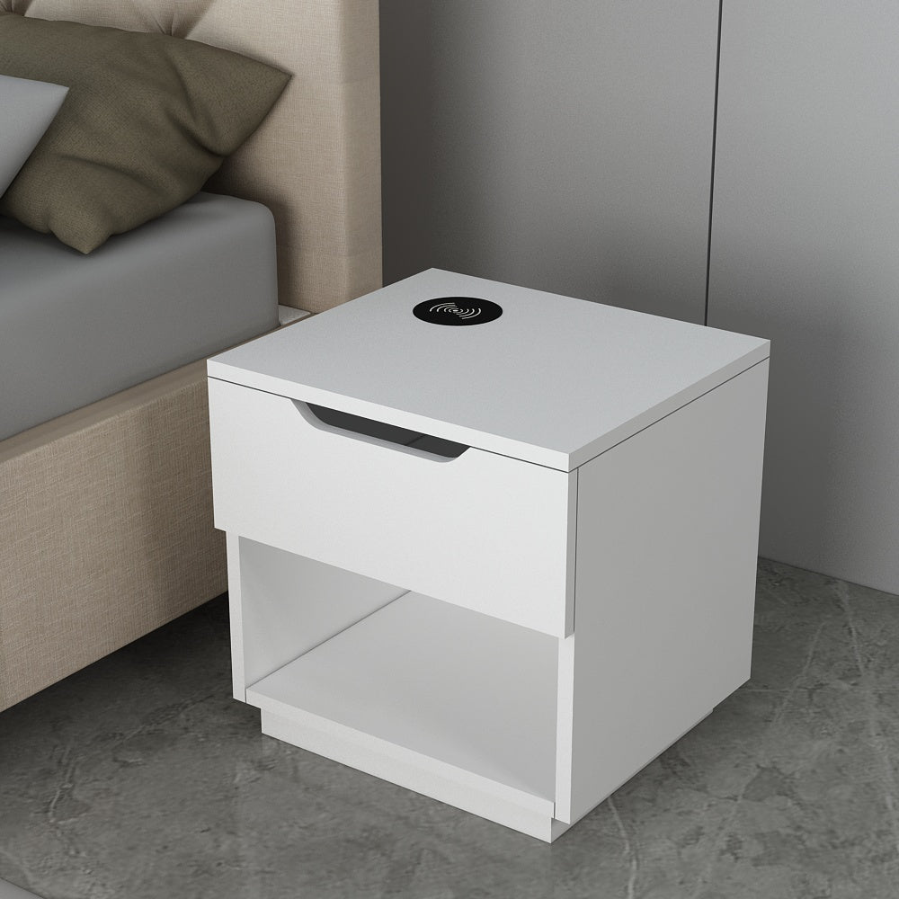 Bedside Table, Bedside Table with Wireless charger of Samsung, I Phone & Compatible Devices, Bedside Table in White Color, Side Table with Drawer, Bedside Table -  VT12230