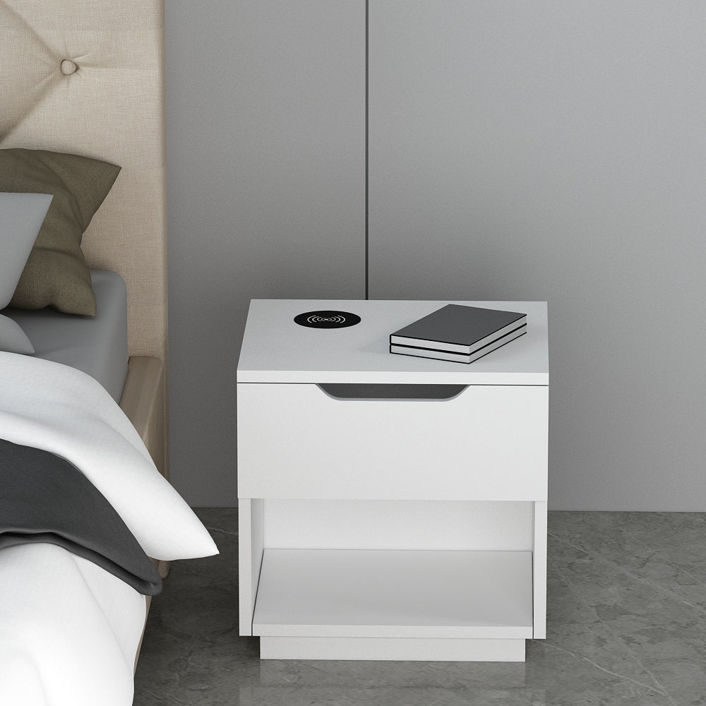 Bedside Table, Bedside Table with Wireless charger of Samsung, I Phone & Compatible Devices, Bedside Table in White Color, Side Table with Drawer, Bedside Table -  VT12230