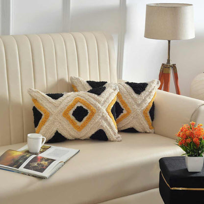 Cushion Cover, (i344_1_1), Cushion With OFF-White, Black & Mustard Color, Cushion For Living & Bedroom Area, Cushion - VT15233