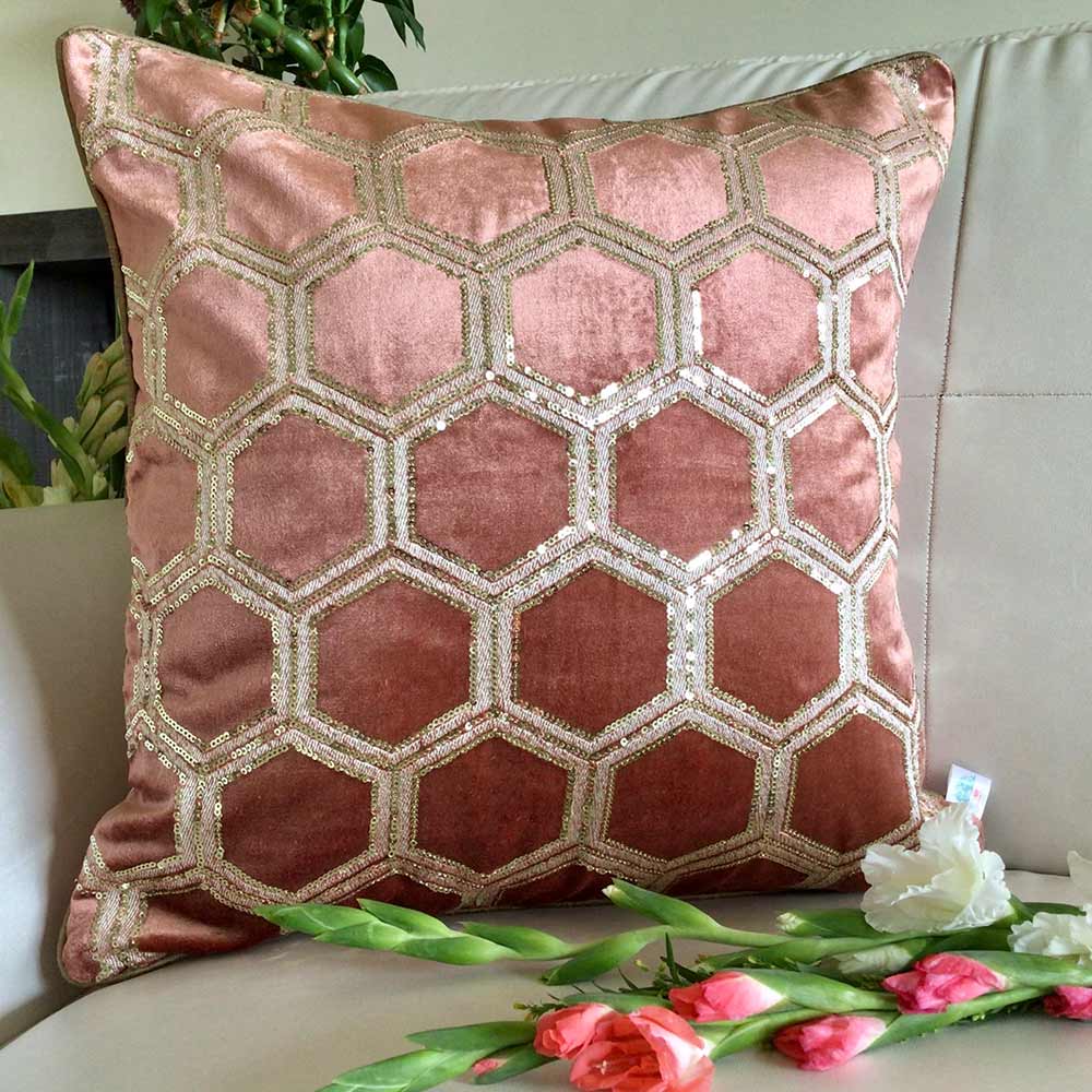 Cushion Covers(TSHVTRG01M), Tiara- Sequined Embroidered Luxury Velvet Cushion Cover- Rose Gold- Set of 1, Cushion Covers - VT15313