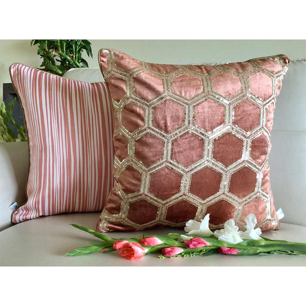 Cushion Covers(TSHVTRG01M), Tiara- Sequined Embroidered Luxury Velvet Cushion Cover- Rose Gold- Set of 1, Cushion Covers - VT15313