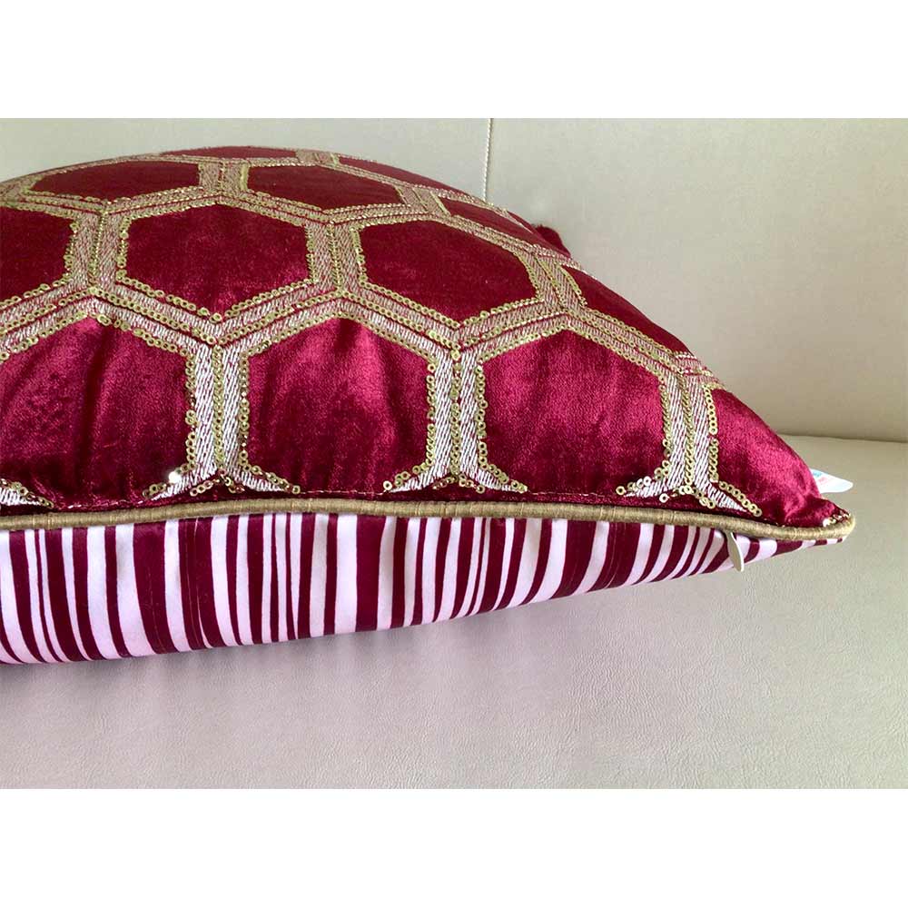 Cushion Covers(TSHVTWR01M), Tiara- Sequined Embroidered Luxury Velvet Cushion Cover- Wine Red- Set of 1, Cushion Covers - VT15314