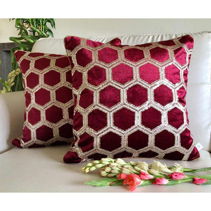 Cushion Covers(TSHVTWR01M), Tiara- Sequined Embroidered Luxury Velvet Cushion Cover- Wine Red- Set of 1, Cushion Covers - VT15314