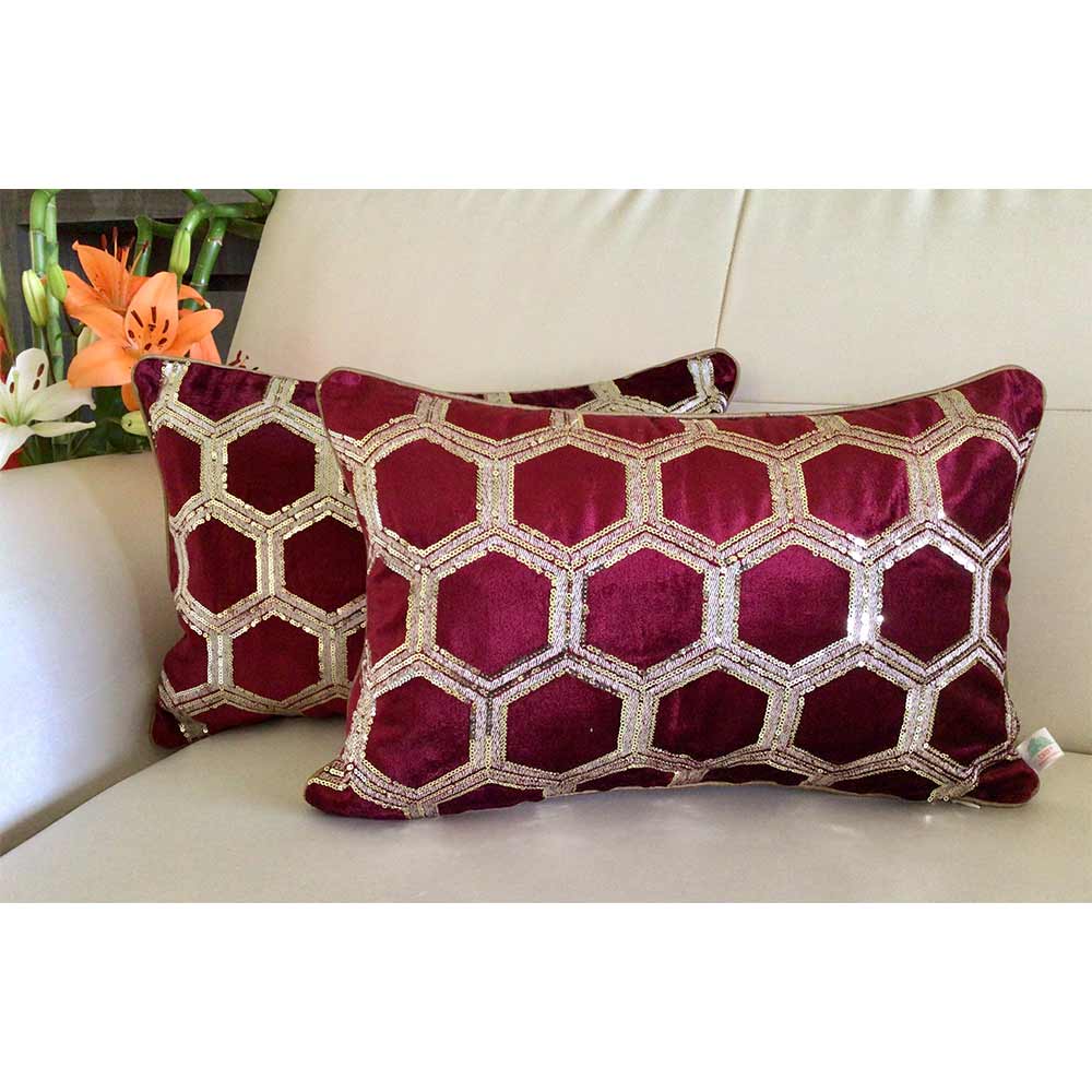 Cushion Covers(TSHVTWR01M), Tiara- Sequined Embroidered Luxury Velvet Cushion Cover- Wine Red- Set of 1, Cushion Covers - VT15314