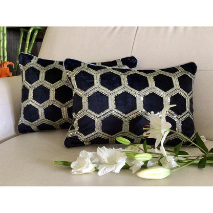 Cushion Covers(TSHVTMB01M), Tiara- Sequined Embroidered Luxury Velvet Cushion Cover- Midnight Blue- Set of 1, Cushion Covers - VT15315