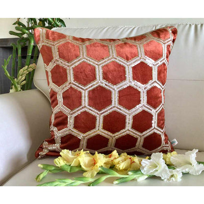 Cushion Covers(TSHVTBO01M), Tiara- Sequined Embroidered Luxury Velvet Cushion Cover- Burnt Orange- Set of 1, Cushion Covers - VT15317