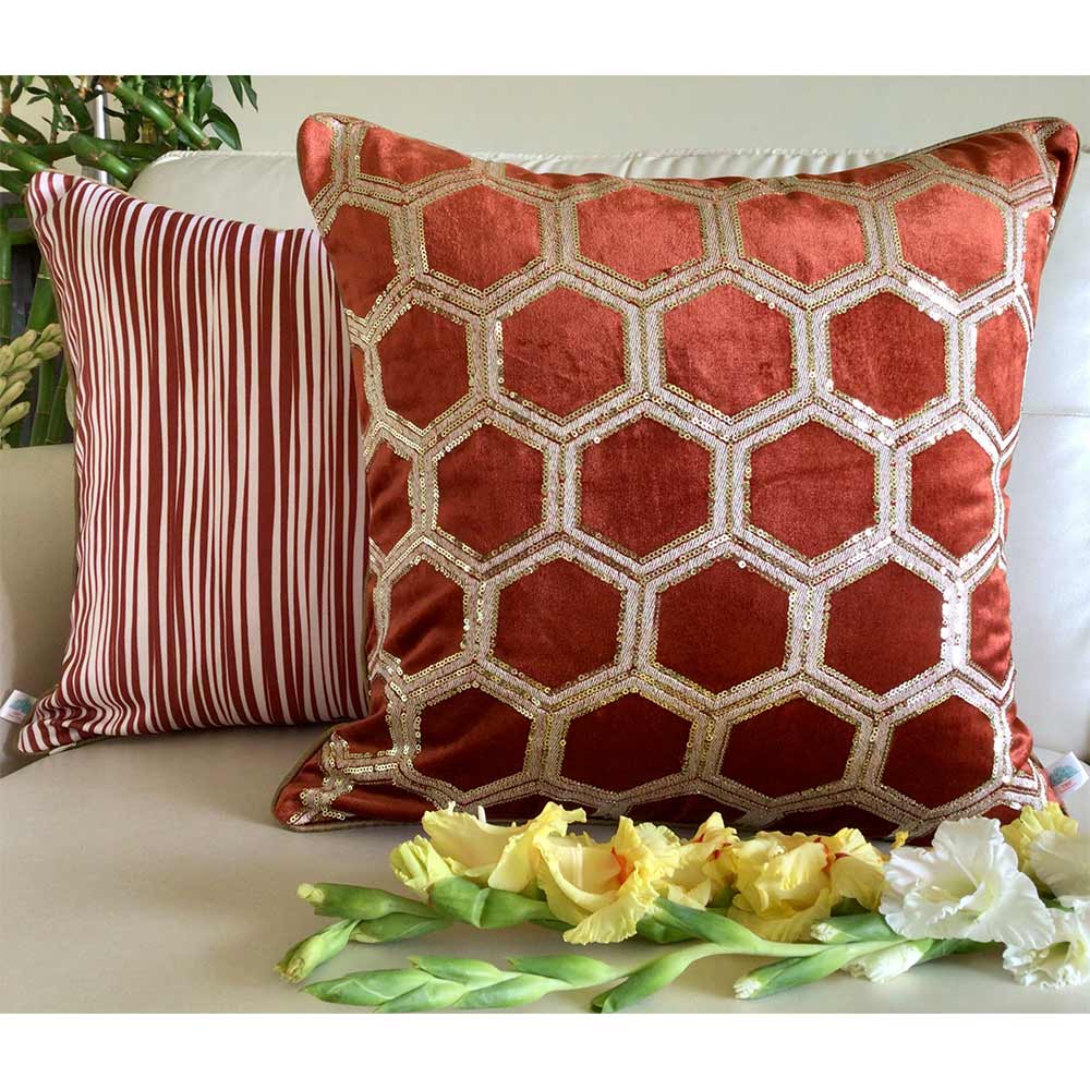 Cushion Covers(TSHVTBO01M), Tiara- Sequined Embroidered Luxury Velvet Cushion Cover- Burnt Orange- Set of 1, Cushion Covers - VT15317