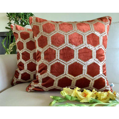 Cushion Covers(TSHVTBO01M), Tiara- Sequined Embroidered Luxury Velvet Cushion Cover- Burnt Orange- Set of 1, Cushion Covers - VT15317