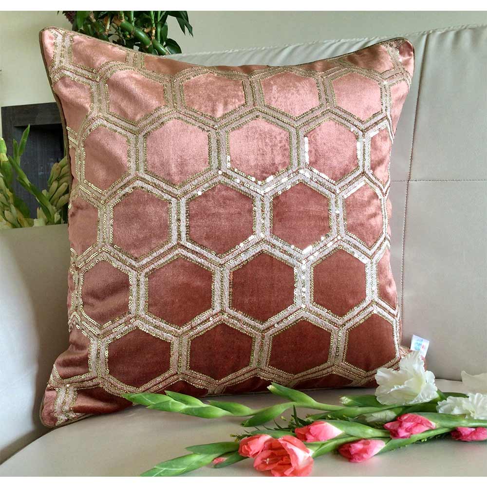 Cushion Covers(TSHVTRG01L), Tiara- Sequined Embroidered Luxury Velvet Cushion Cover- Rose Gold- Set of 1, Cushion Covers - VT15318