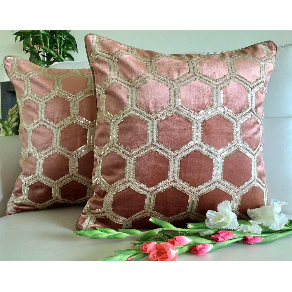 Cushion Covers(TSHVTRG01L), Tiara- Sequined Embroidered Luxury Velvet Cushion Cover- Rose Gold- Set of 1, Cushion Covers - VT15318