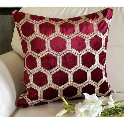 Cushion Covers(TSHVTWR01L), Tiara- Sequined Embroidered Luxury Velvet Cushion Cover- Wine Red- Set of 1, Cushion Covers - VT15319
