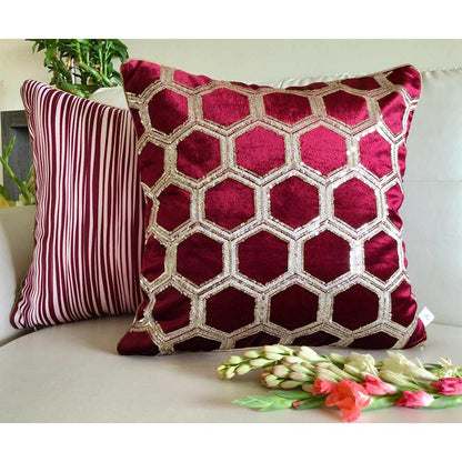 Cushion Covers(TSHVTWR01L), Tiara- Sequined Embroidered Luxury Velvet Cushion Cover- Wine Red- Set of 1, Cushion Covers - VT15319