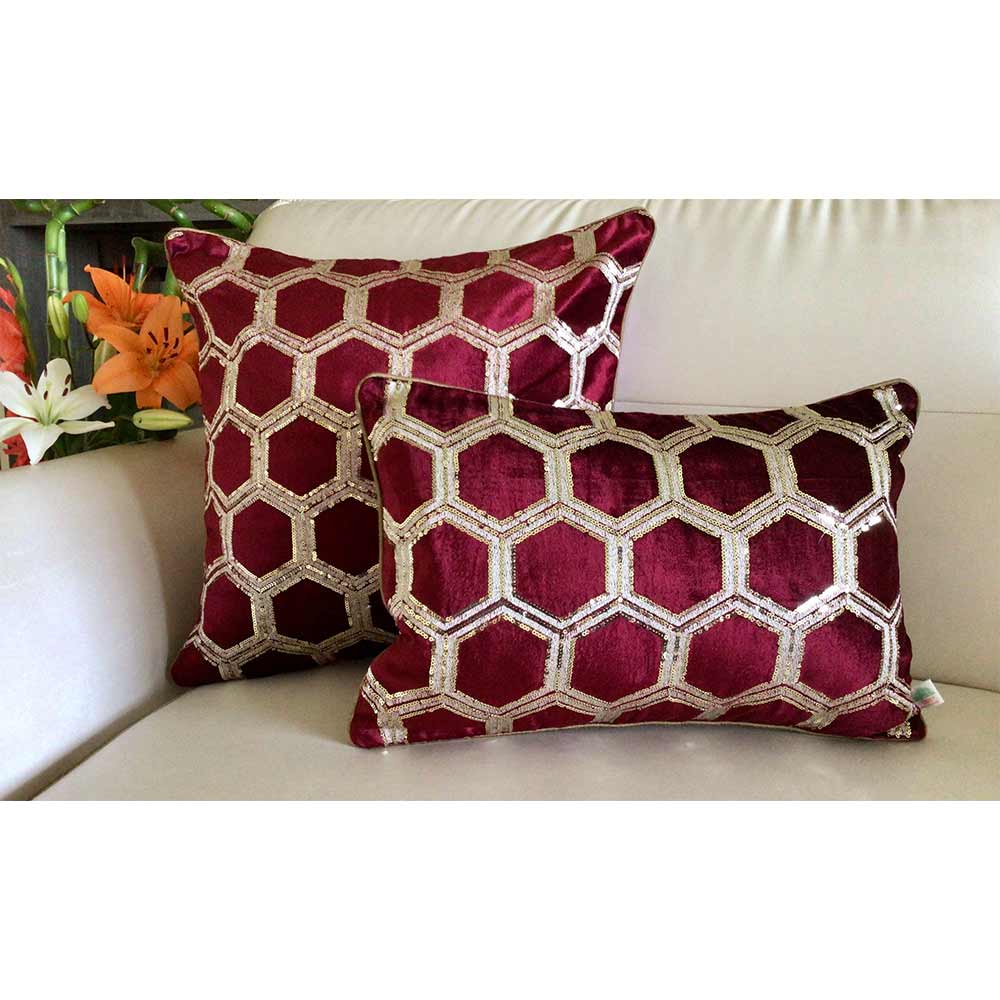 Cushion Covers(TSHVTWR01L), Tiara- Sequined Embroidered Luxury Velvet Cushion Cover- Wine Red- Set of 1, Cushion Covers - VT15319