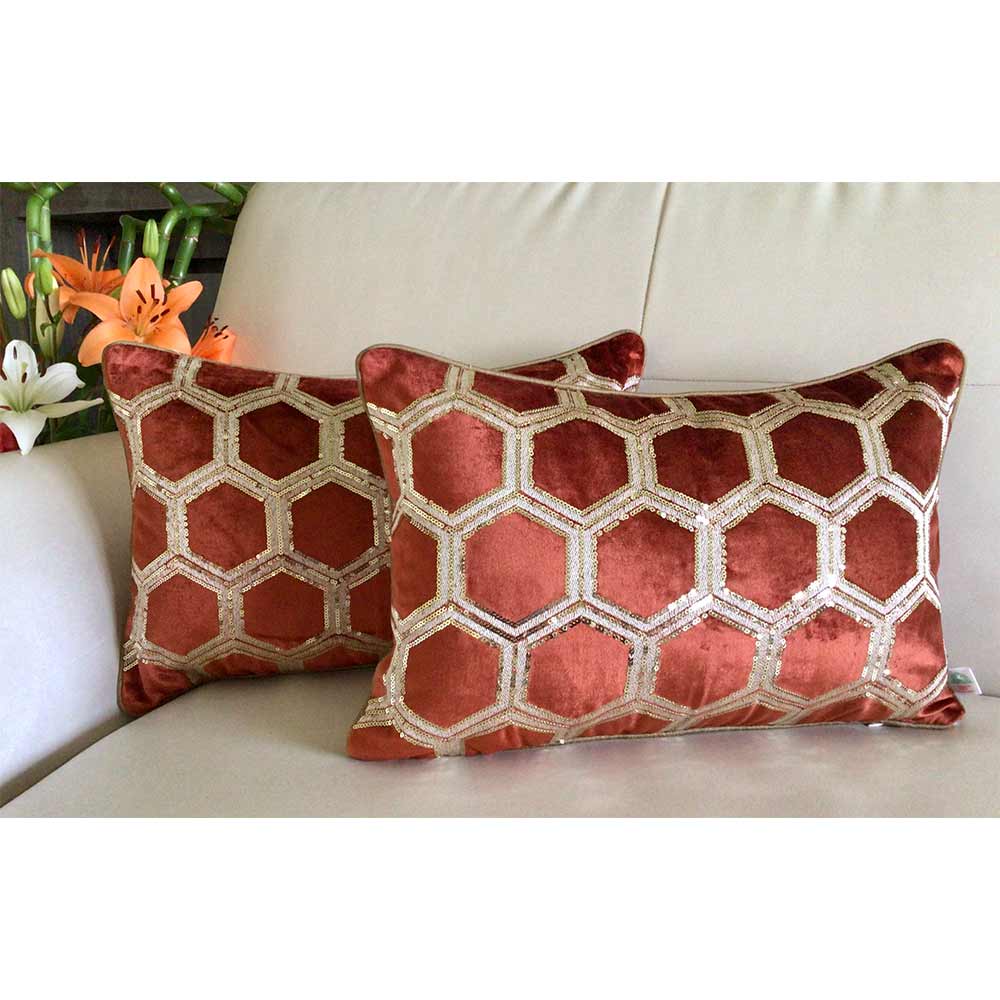 Cushion Covers(TSHVTBO01MR), Tiara- Sequined Embroidered Luxury Velvet Rectangular Cushion Cover- Burnt Orange- Set of 1, Cushion Covers - VT15325