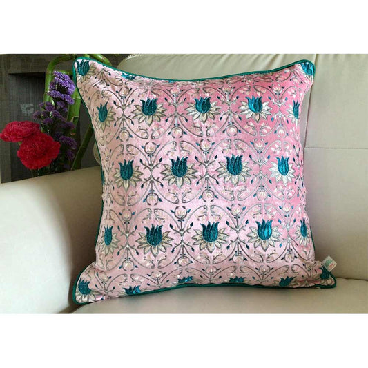 Cushion Covers(TSHVTP01M), Tulipani- Embroidered Luxury Velvet Cushion Cover- Blossom Pink- Set of 1, Cushion Covers - VT15326