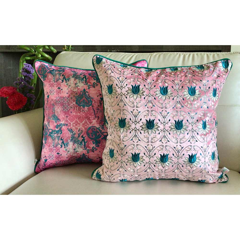 Cushion Covers(TSHVTP01M), Tulipani- Embroidered Luxury Velvet Cushion Cover- Blossom Pink- Set of 1, Cushion Covers - VT15326