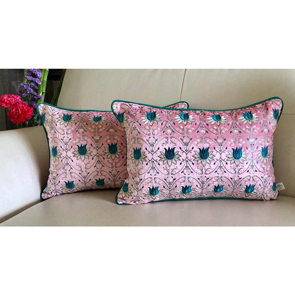 Cushion Covers(TSHVTP01M), Tulipani- Embroidered Luxury Velvet Cushion Cover- Blossom Pink- Set of 1, Cushion Covers - VT15326