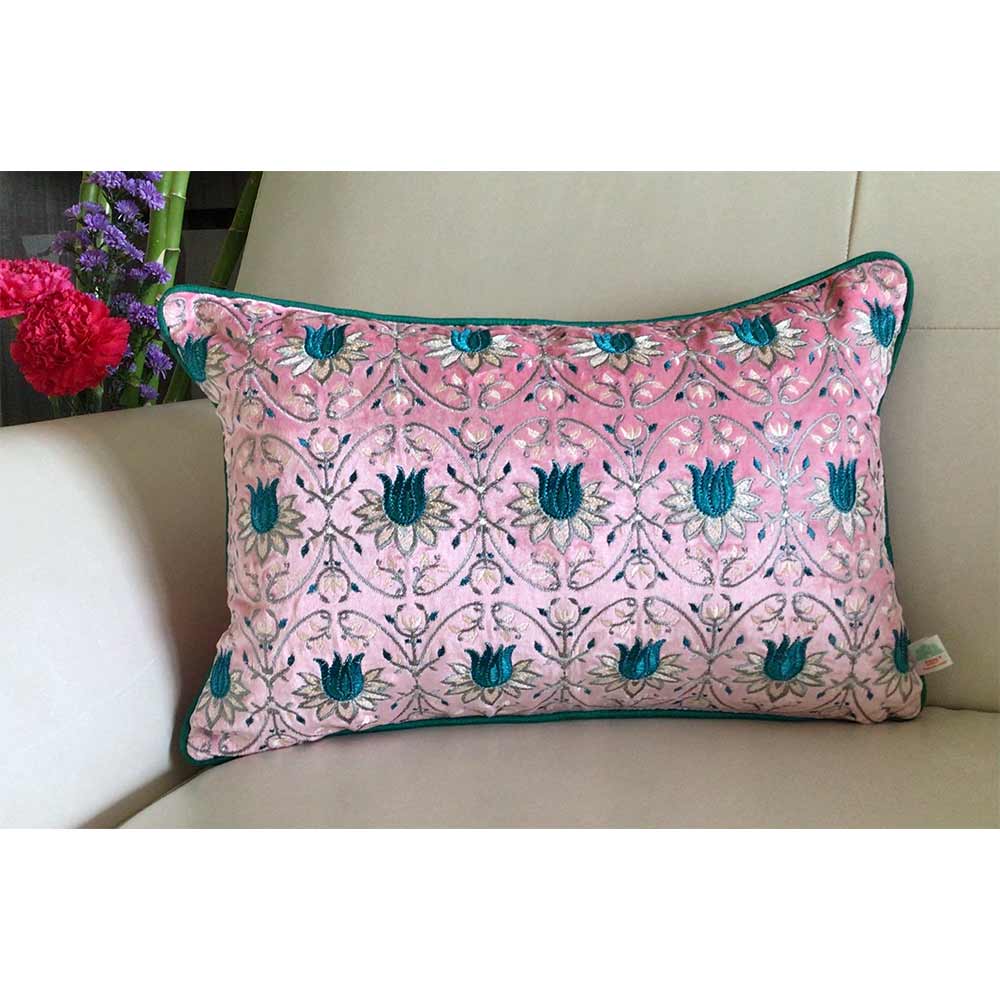 Cushion Covers(TSHVTP01M), Tulipani- Embroidered Luxury Velvet Cushion Cover- Blossom Pink- Set of 1, Cushion Covers - VT15326